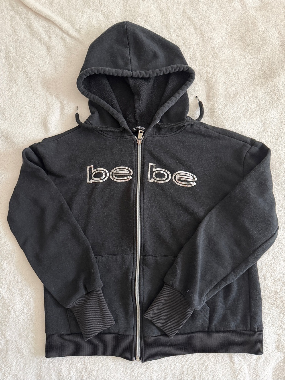 Y2K Sequins bebe Black Zip Front Logo Hoodie Women Small